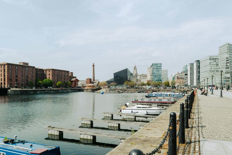 A waterfront view of a marina with boats, historic buildings, and modern architecture along the river.